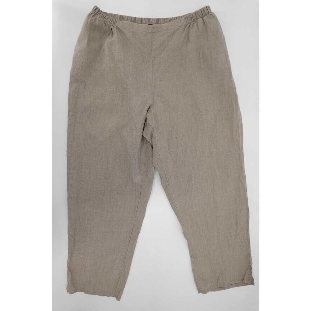 FLAX Linen Pants Womens Large Beige Elastic Waist Cropped Pull On Relaxed